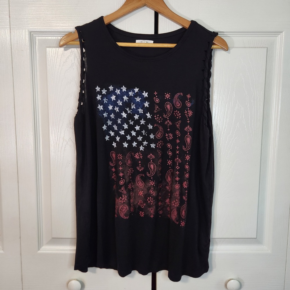 Maurices Womens Black American Flag Paisley Star Braided Shoulder Tank Top L